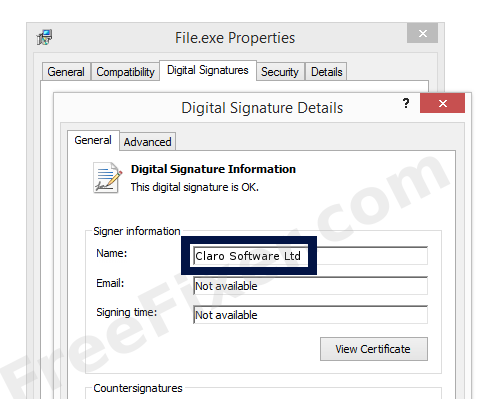 Screenshot of the Claro Software Ltd certificate